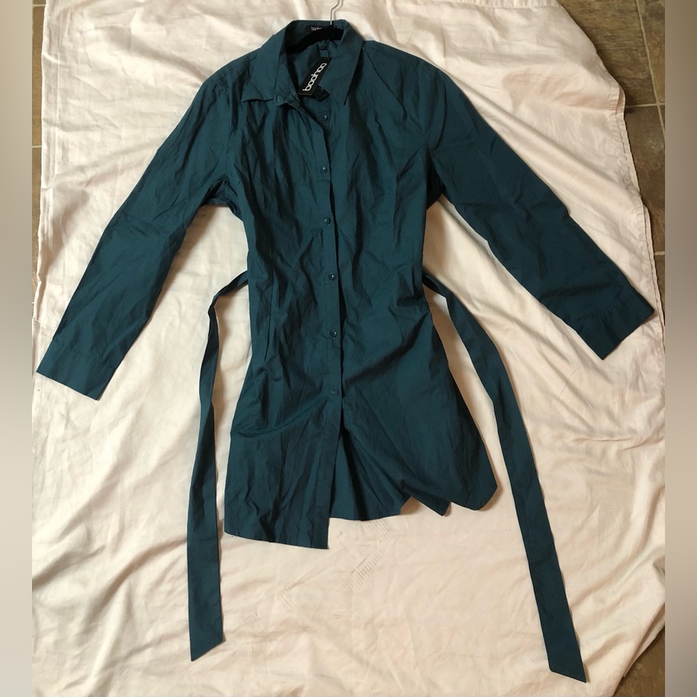 BOOHOO PLUS CHECK SELF BELTED SHIRT DRESS SIZE: 16